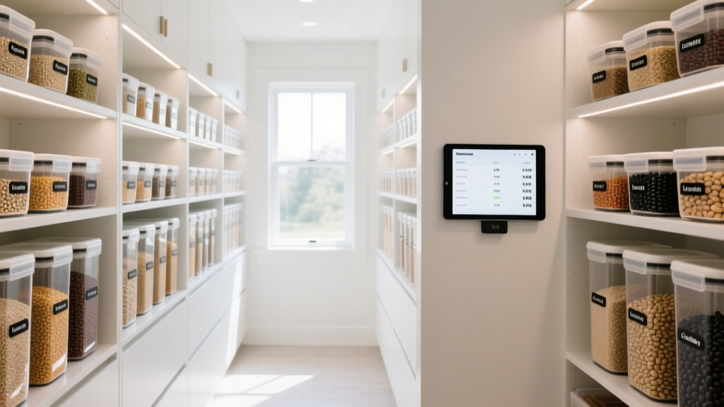 Neatly organized walk-in pantry featuring clear modular airtight containers filled with grains and legumes with a digital inventory tablet mounted