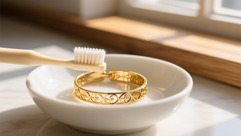 Soft baby toothbrush gently scrubbing a soapy 14k gold permanent anklet in a white ceramic bowl, with warm sunlight streaming in.