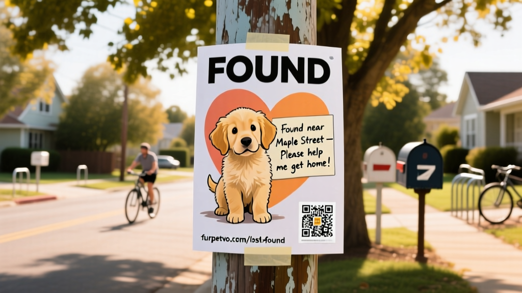 A colorful, well-designed FOUND pet poster taped to a neighborhood lamppost, with a QR code linking to furpetvo.com/lost-found