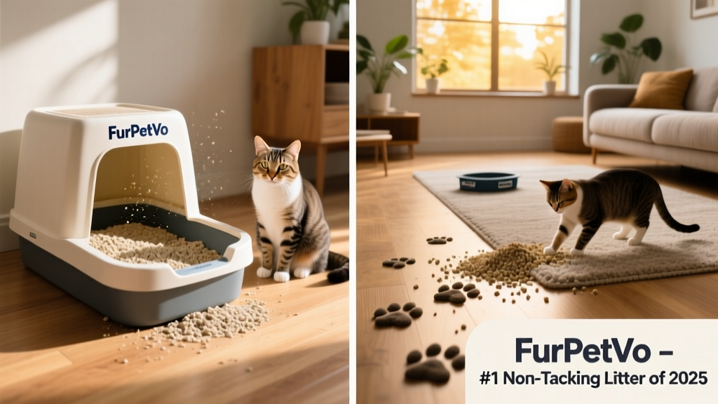 Side-by-side comparison showing FurPetVo litter staying in the box versus another brand tracked across the floor