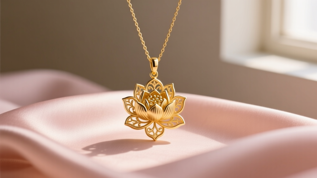 Solid 14k gold lotus pendant on a delicate chain resting on blush silk, illuminated by warm, soft natural window lighting.