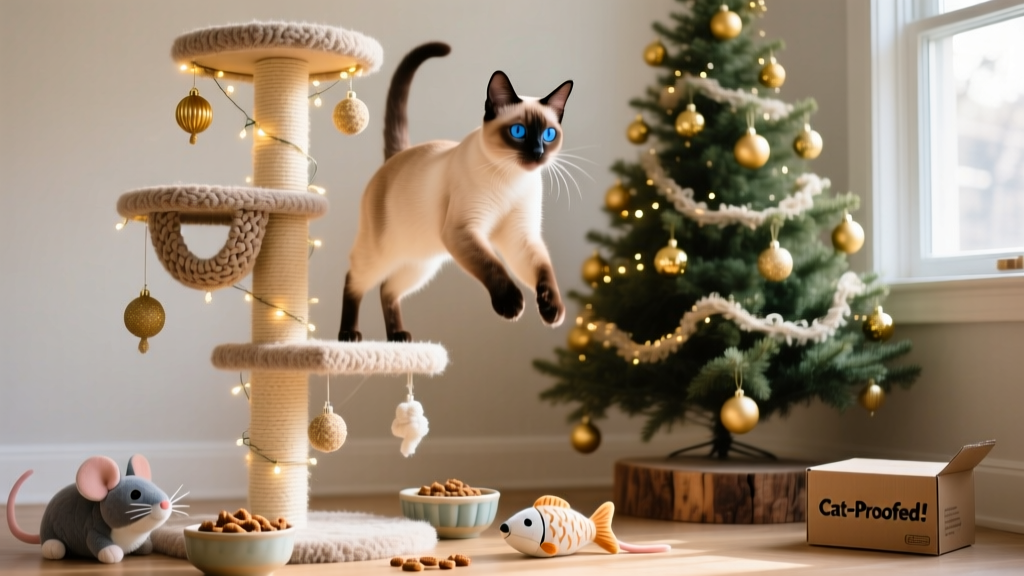 A cat happily playing on a tall, festive cat tree beside a gently decorated Christmas tree, with treats and toys nearby