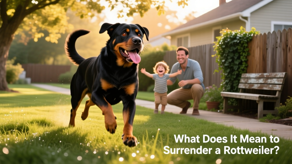 A joyful Rottweiler playing in a backyard with a new family, showing trust and comfort