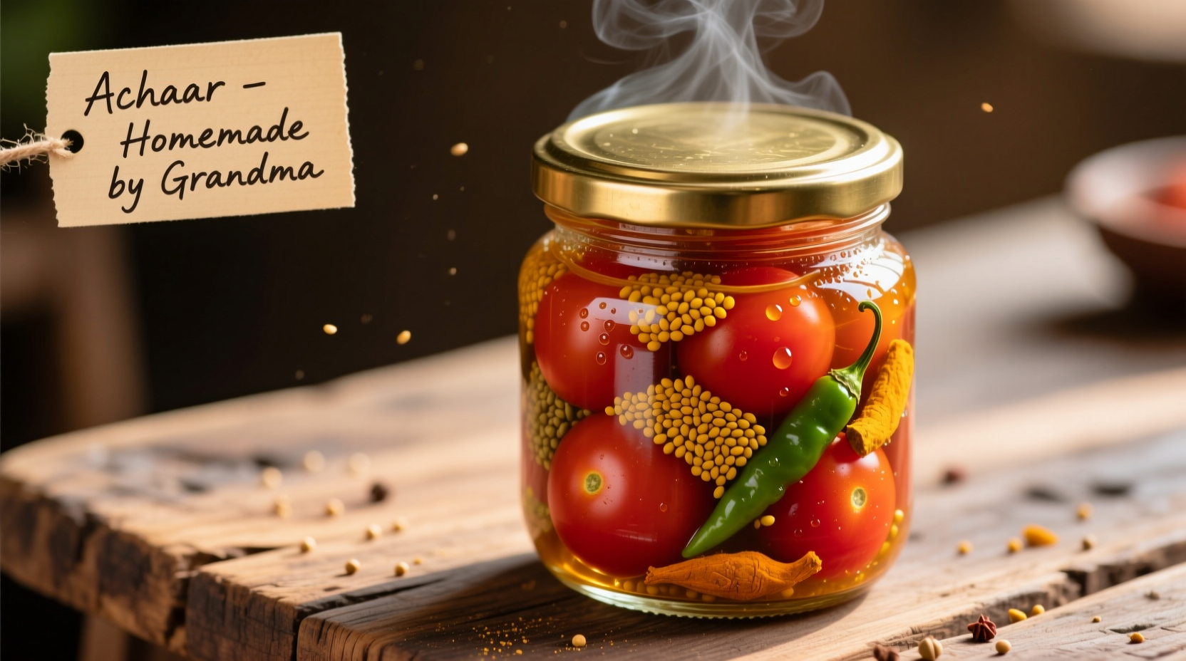 Homemade tomato achaar in glass jar with spices
