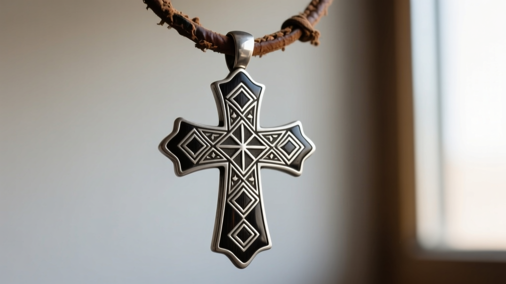 Close-up of a Tuareg silver and ebony cross pendant on leather, showing hand-engraved geometric patterns and natural oxidation