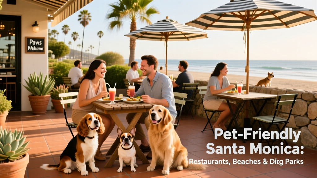 A lively outdoor patio at a Santa Monica restaurant with dogs seated beside their owners