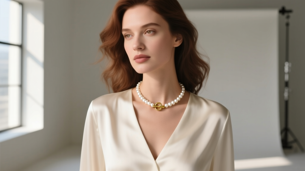Woman in a V-neck silk blouse wearing a pearl necklace, the gold toggle clasp resting elegantly at the center of her collarbone.
