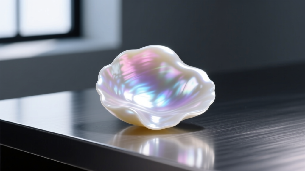 Macro shot of an asymmetrical white baroque pearl showing vivid iridescent overtones, resting on a dark brushed steel surface.