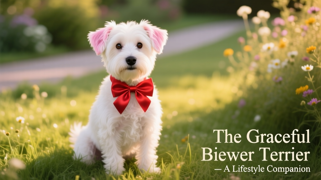 Biewer Terrier sitting in grass wearing a red bow