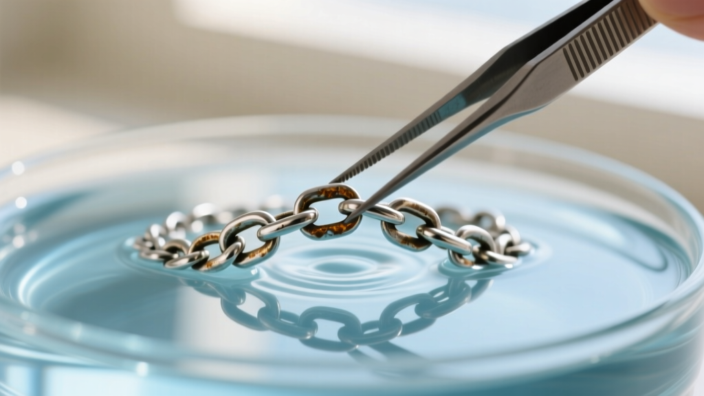 Tweezers holding an oxidized sterling silver chain link bracelet submerged in a clear liquid jewelry silver cleaner solution bath.
