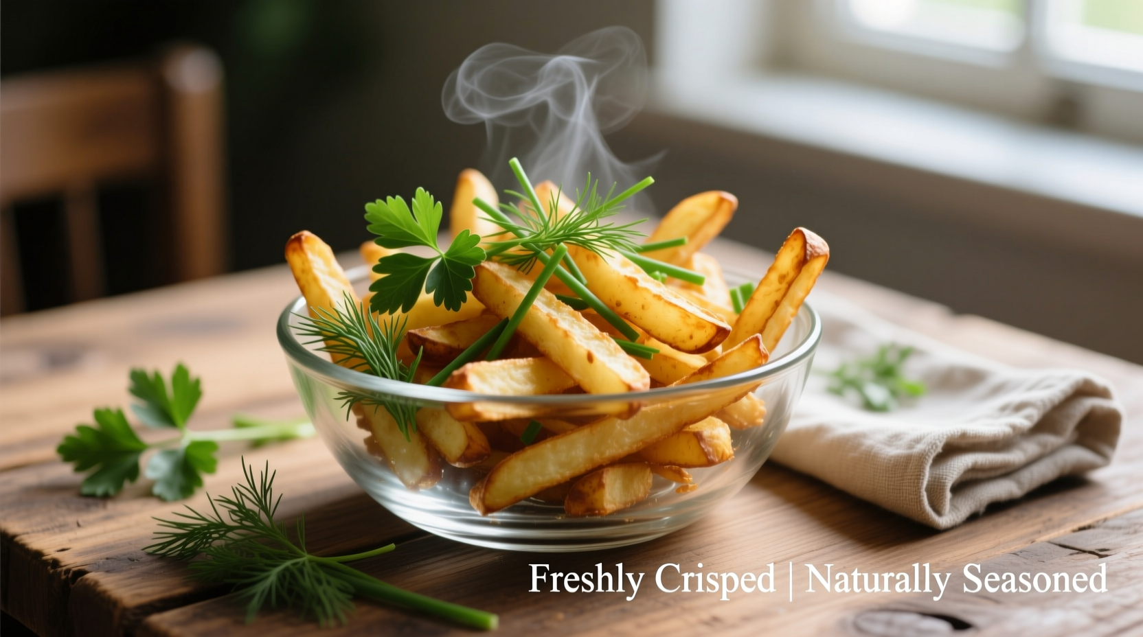 Canned potato sticks in glass bowl with fresh herbs