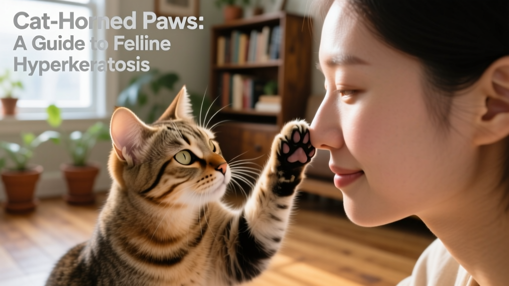 a tabby cat gently placing its paw on a human's nose