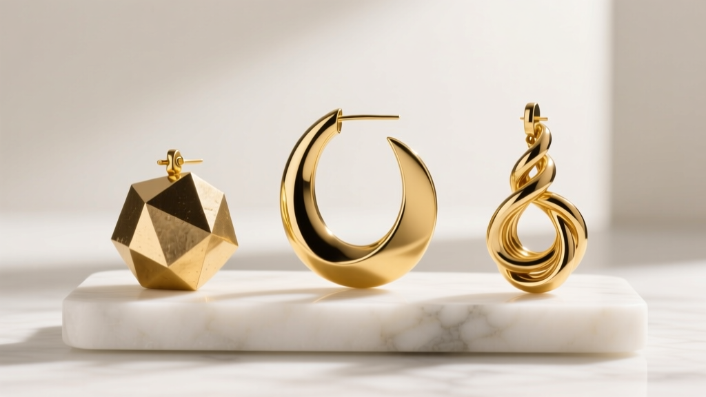 Three sculptural gold statement earring designs on a marble stand: a brutalist nugget, an asymmetric hoop, and a twisted drop
