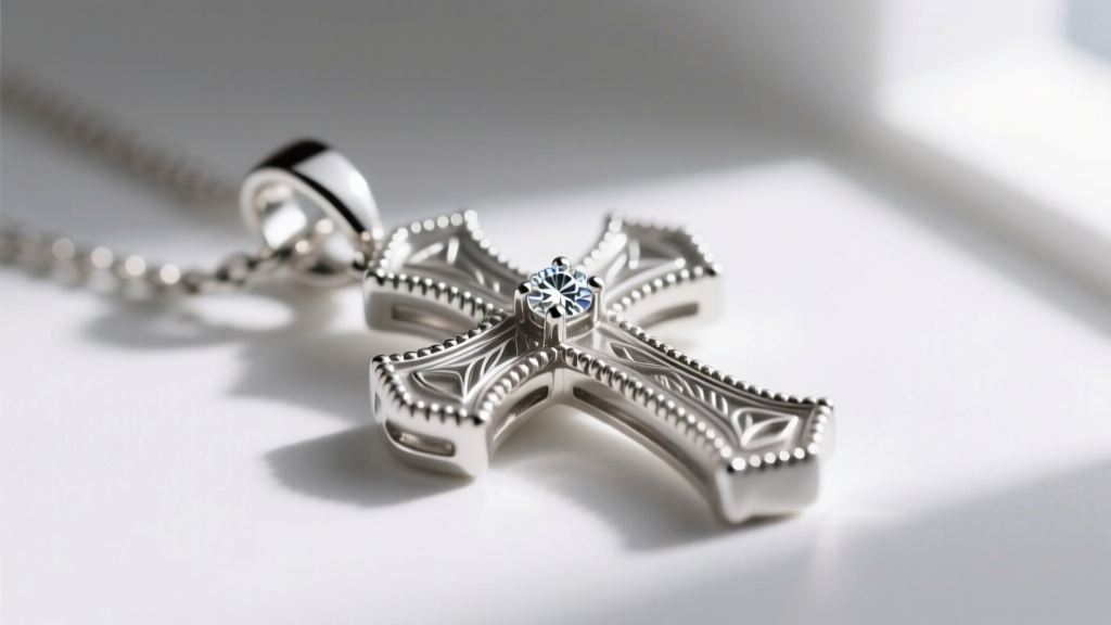 Macro shot of a 925 sterling silver cross pendant with rhodium plating, showing milgrain edges and a small diamond accent.