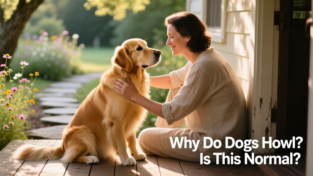 A golden retriever sitting calmly beside its owner, making gentle eye contact and with relaxed ears and tail
