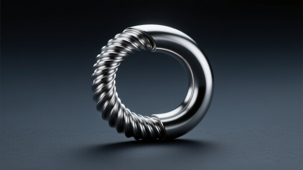 Macro shot of an implant grade titanium curved barbell on dark slate highlighting smooth internal threading under soft studio light
