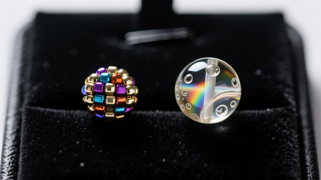 Macro shot of a uniform Japanese Miyuki Delica seed bead beside a vintage Czech glass bead on a dark velvet jewelry display mat