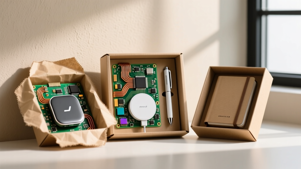 Recycled circuit boards and refurbished smart office gadgets in kraft packaging prepared for sustainable corporate tech gifting