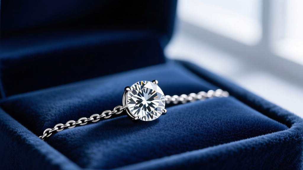 Close-up of a 3ct round brilliant diamond solitaire pendant resting on a platinum box chain against a soft velvet background