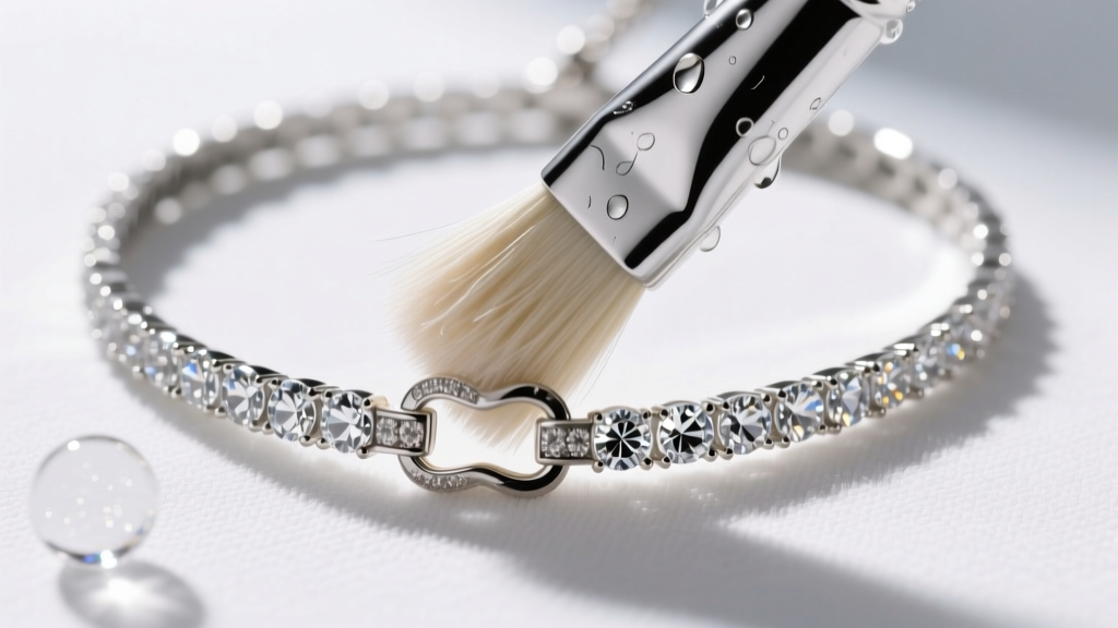 Close-up of a soapy soft-bristle brush gently scrubbing the clasp of a 14-inch diamond choker resting on a microfiber cloth