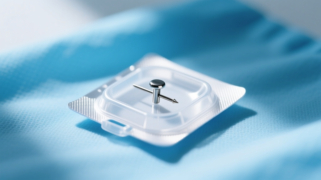 Sterile single-use piercing earring cassette next to a surgical steel stud on a clean blue medical drape under bright light
