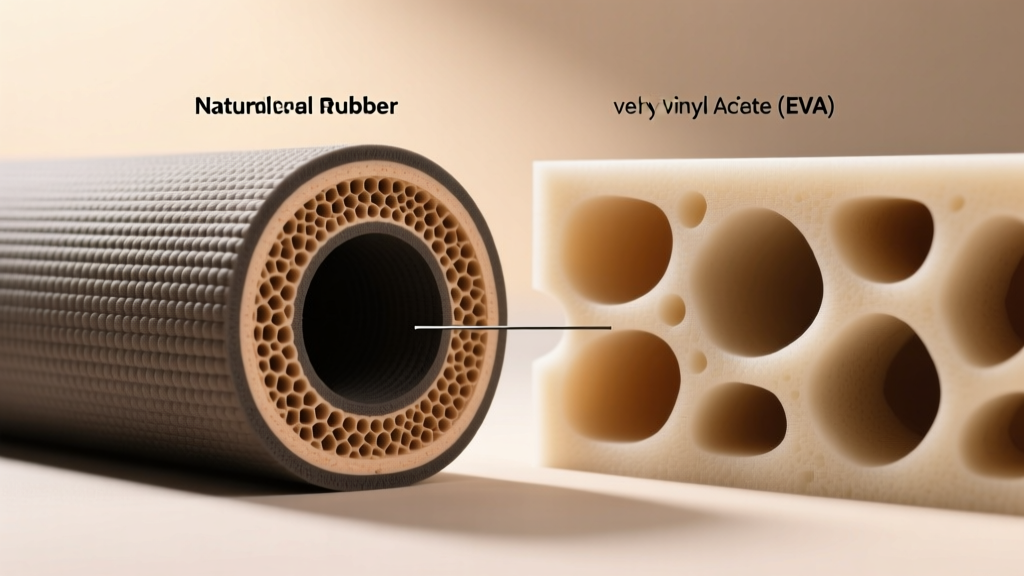 Cross-section diagram comparing the cellular density of a premium natural rubber yoga mat against a standard ethylene-vinyl acetate foam roller.