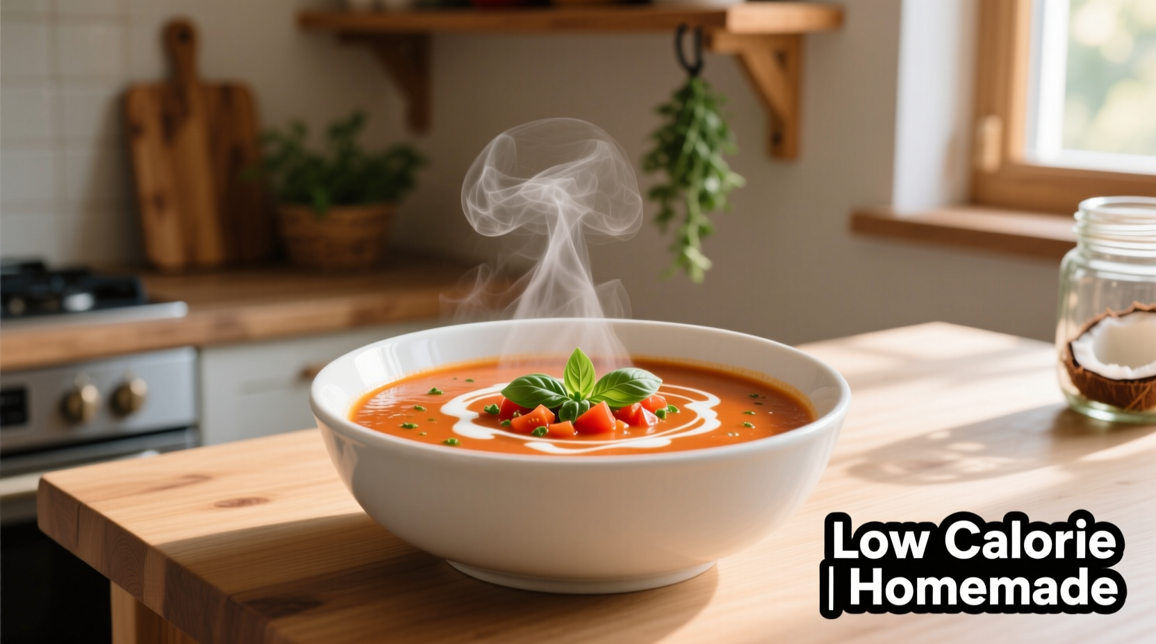 Homemade low calorie tomato soup in white bowl