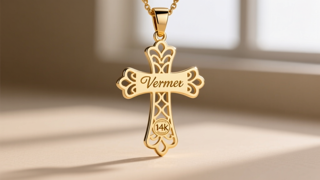 Macro shot of a laser-cut name cross pendant in 14k gold vermeil, displaying precise edge finishing and stamped metal hallmarks.