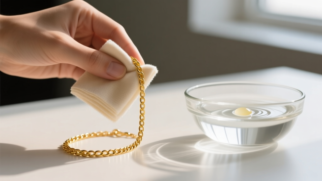 Hands gently wiping a gold vermeil chain with a microfiber cloth next to a bowl of distilled water and mild soap