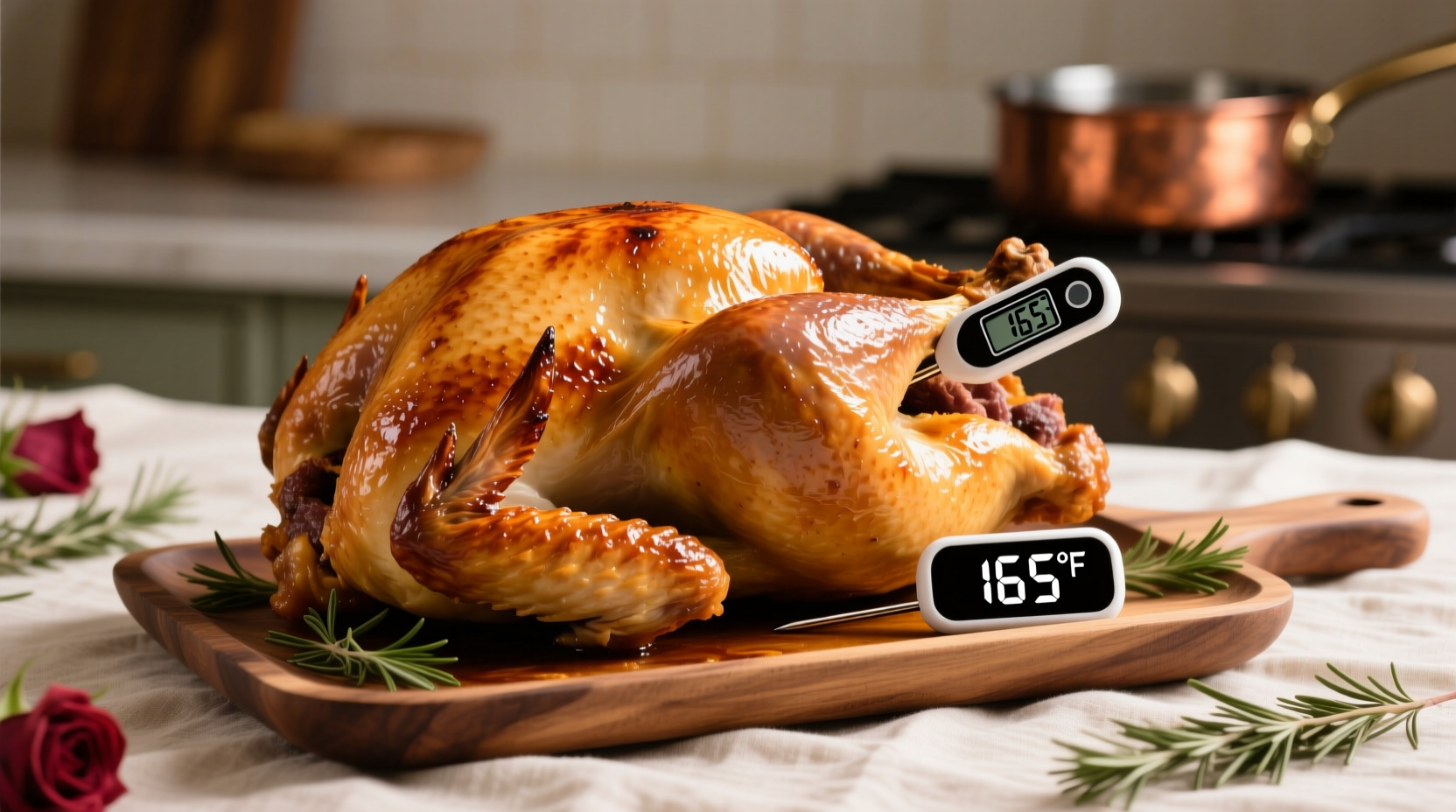 Perfectly roasted golden turkey with thermometer reading