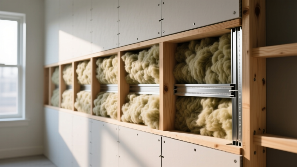 Wall cross-section showing dense mineral wool insulation between wood studs, resilient channels, and double drywall for soundproofing