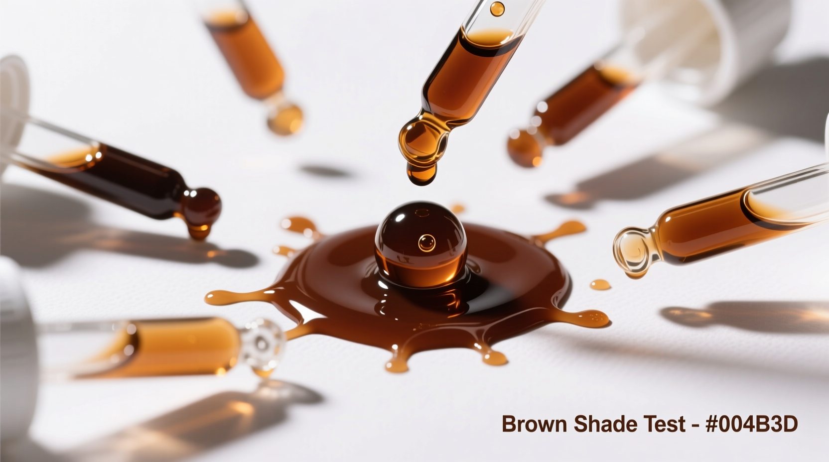 Food coloring droppers creating brown shade on white background