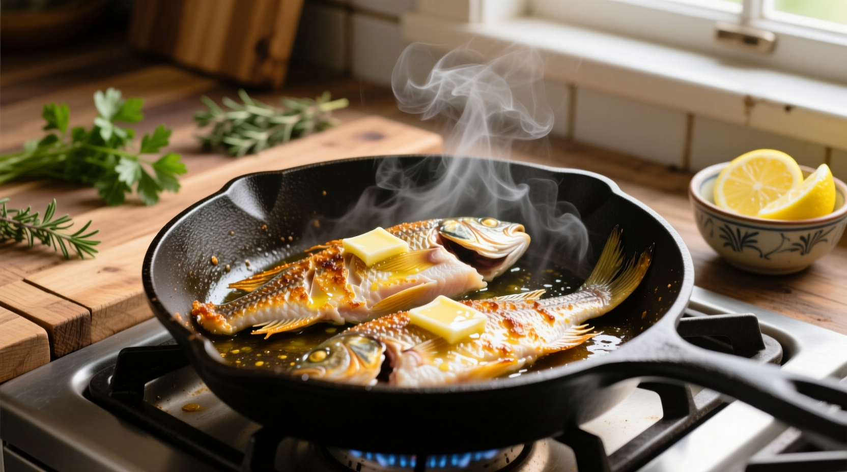Fresh tilapia fillets cooking in a skillet