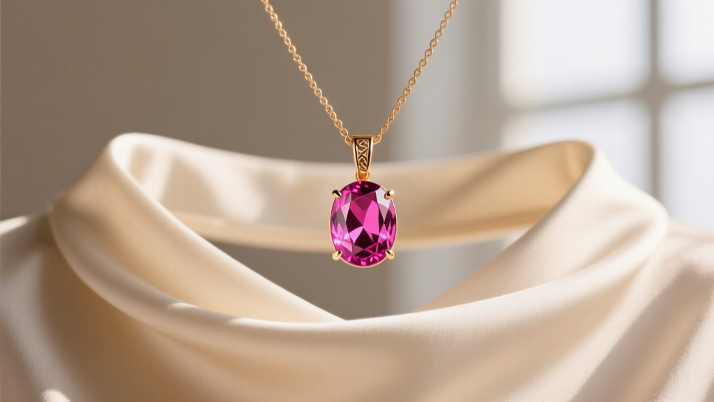 Elegant 18k rose gold necklace featuring a 3-carat oval-cut vivid pink sapphire pendant resting on a silk draped collarbone.