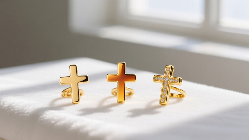 Three mini crosses showing color variations between 10k, 14k, and 18k yellow gold alloys, side-by-side on white velvet.
