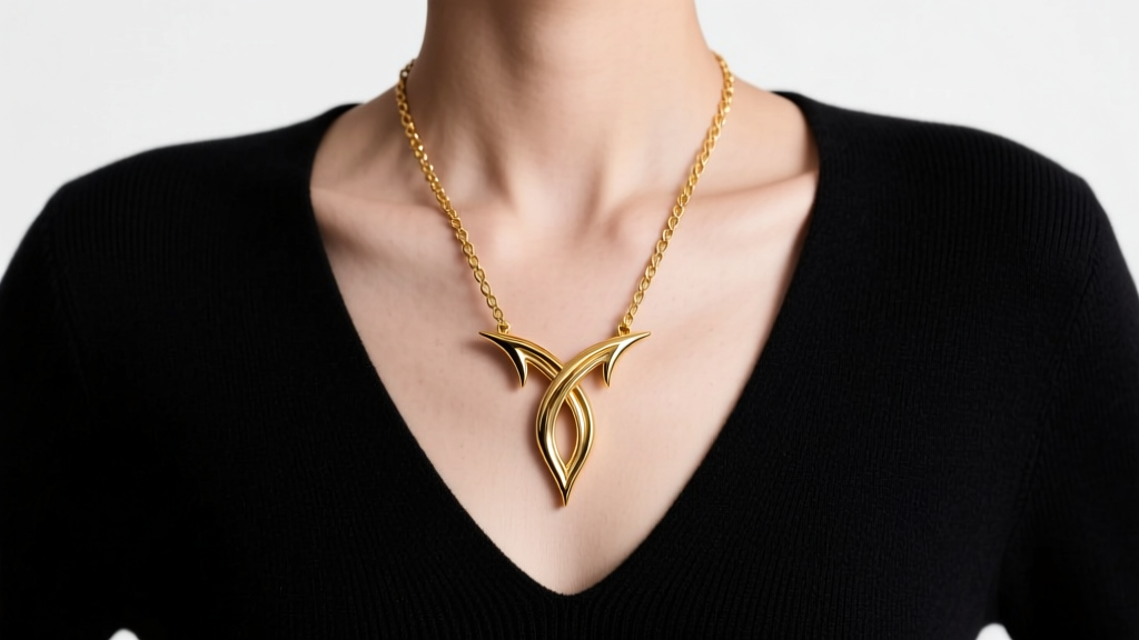 Model wearing a gold evil wye necklace over a deep V-neck sweater, showing the 3-inch chain drop perfectly centered on the chest