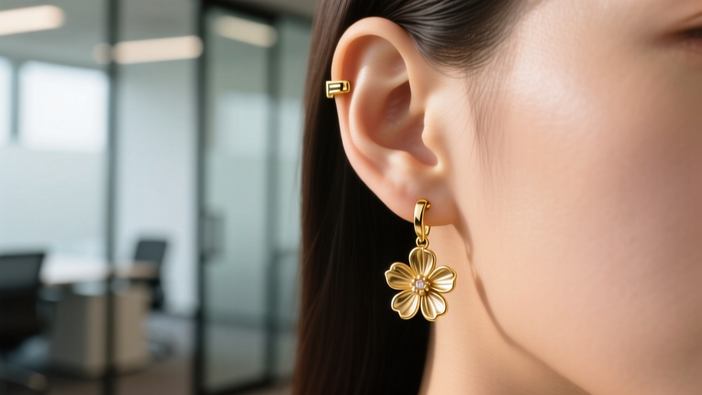 Side profile of an ear wearing 14k gold floral drop earrings with a secure leverback closure against a blurred office background
