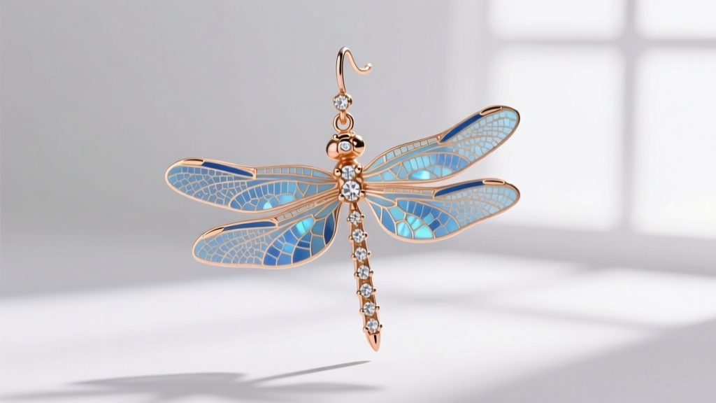 Macro shot of 18k rose gold dragonfly dangle earring with translucent blue guilloche enamel wings and diamond accents on the body.