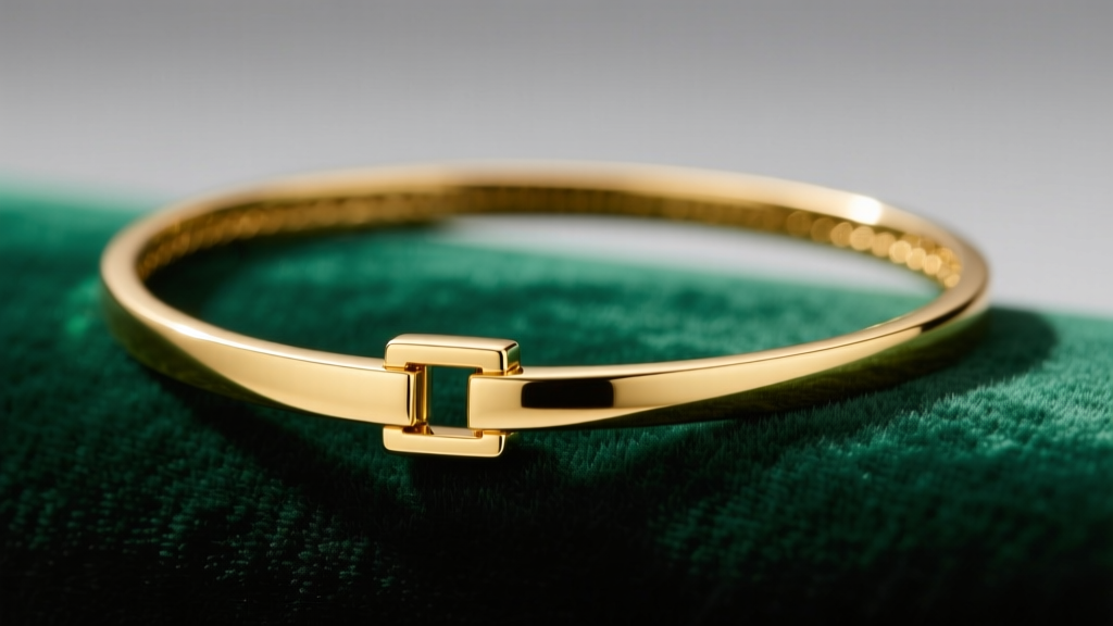 Close-up of a 4mm 18k yellow gold omega necklace on emerald velvet, highlighting its seamless rigid surface and box clasp