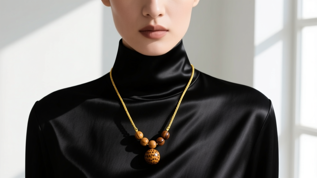 Model wearing a modern minimalist dzi bead pendant on a fine 18k yellow gold cable chain resting against a black silk turtleneck
