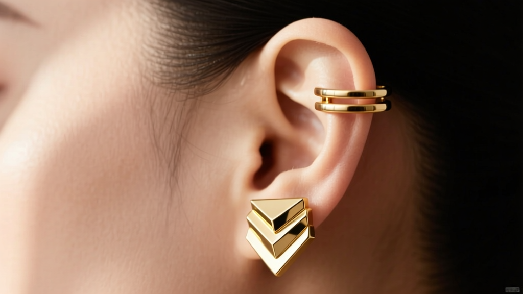 Side profile of an ear stack featuring a stepped geometric art deco stud in the lobe paired with a minimalist gold cartilage hoop.