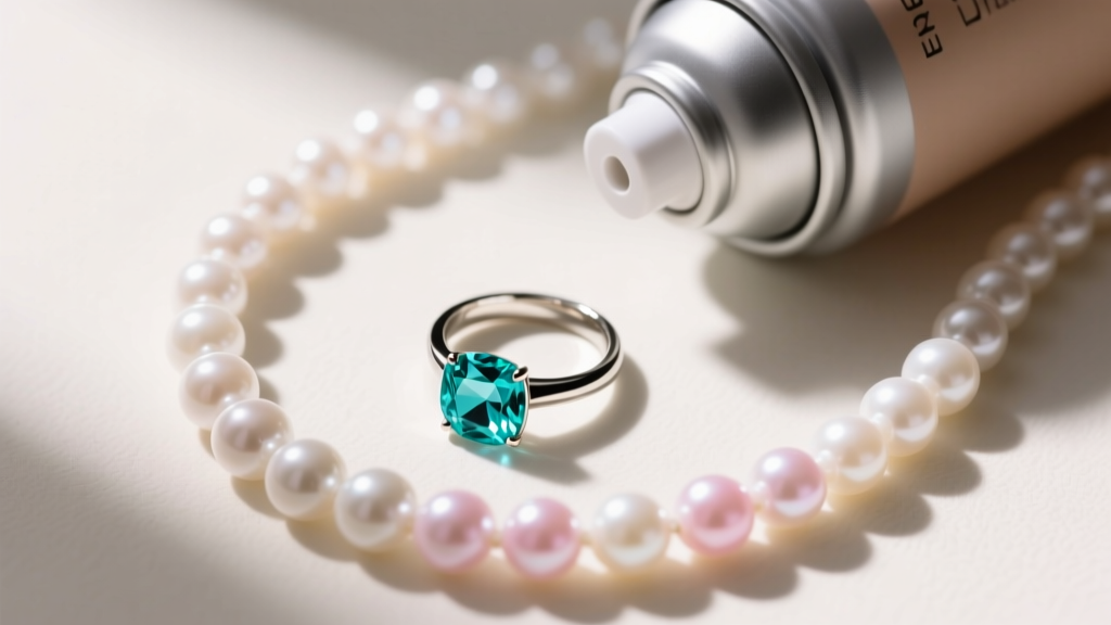 Overhead flat lay of a turquoise ring and Akoya pearls placed safely away from a modern aerosol makeup setting spray bottle