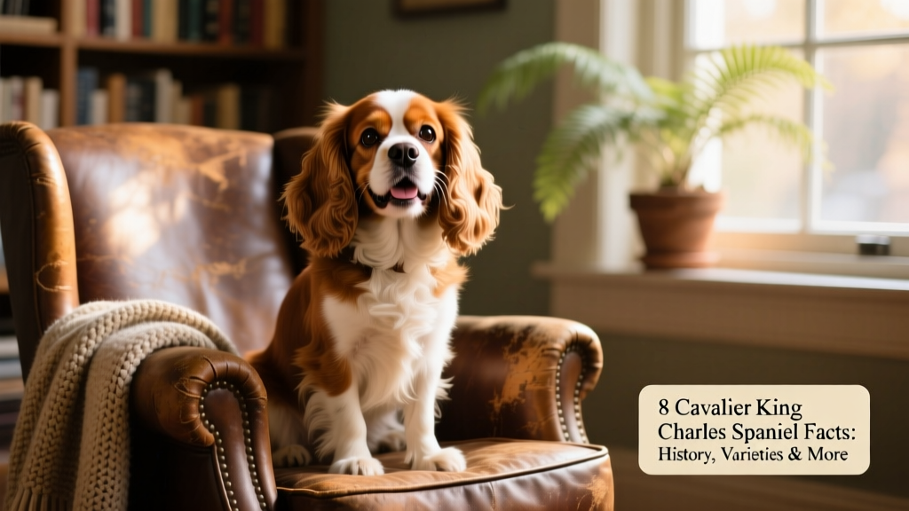 A smiling Cavalier King Charles Spaniel sitting beside a cozy armchair, bathed in soft natural light
