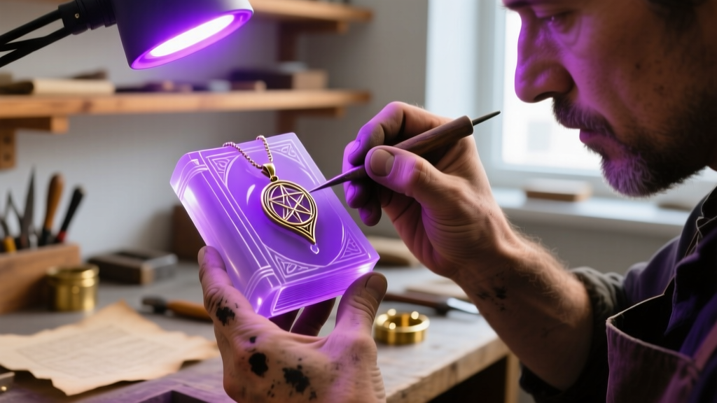 Close-up of an artisan applying UV resin to a spellbook pendant mold, illuminated by a purple LED curing light in a workshop.