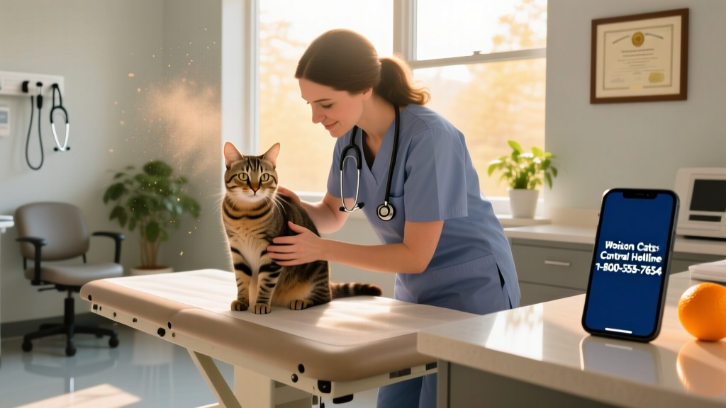 Veterinarian gently examining a cat in a clinic setting, with a phone nearby showing a poison control hotline number on screen