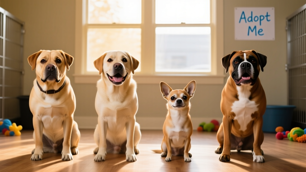 Side-by-side photos of shelter dogs representing several breeds on this list: Pit Bull-type, Labrador, Chihuahua, and Boxer