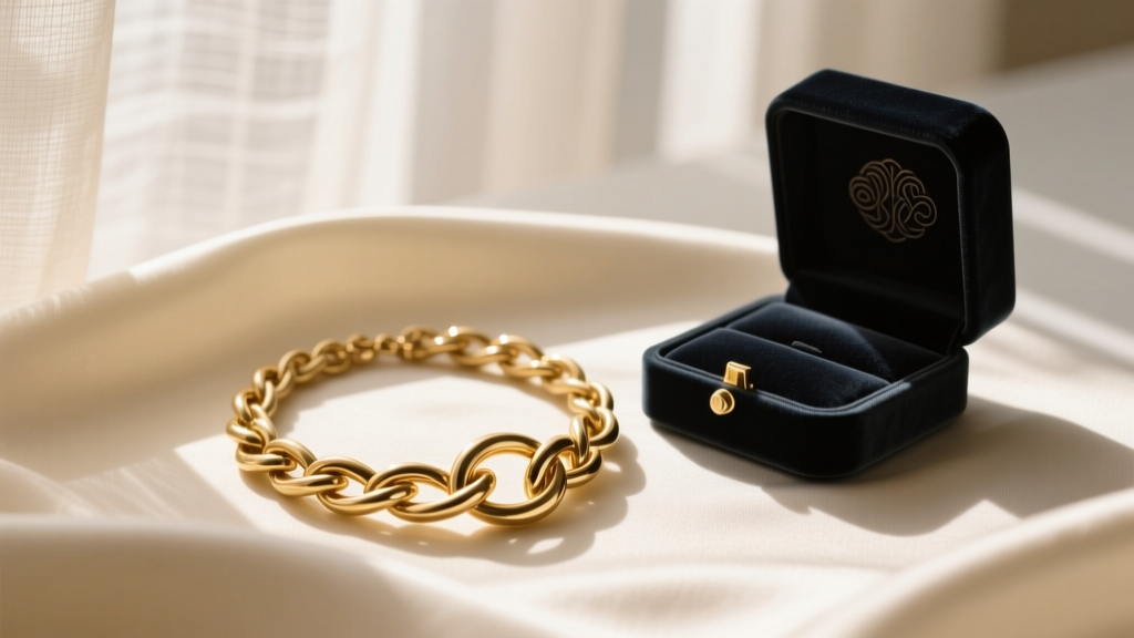 Gold-plated brass knot necklace resting on cream silk beside a dark velvet jewelry box, illuminated by soft morning window light