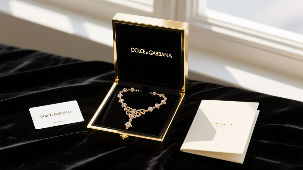 Open Dolce and Gabbana jewelry box revealing a rosary necklace alongside the branded authenticity card and care booklet