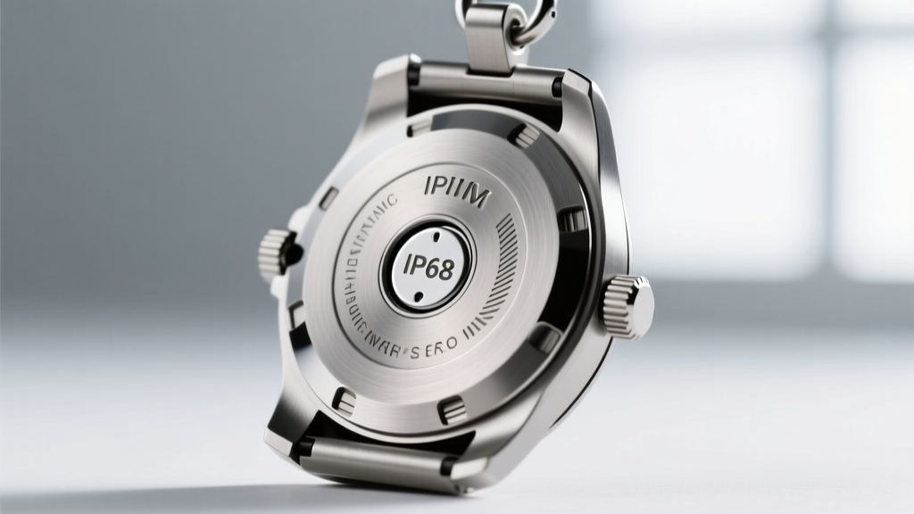 Macro shot of a titanium watch pendant case back, showing laser-engraved IP68 water resistance marks and a sealed battery hatch