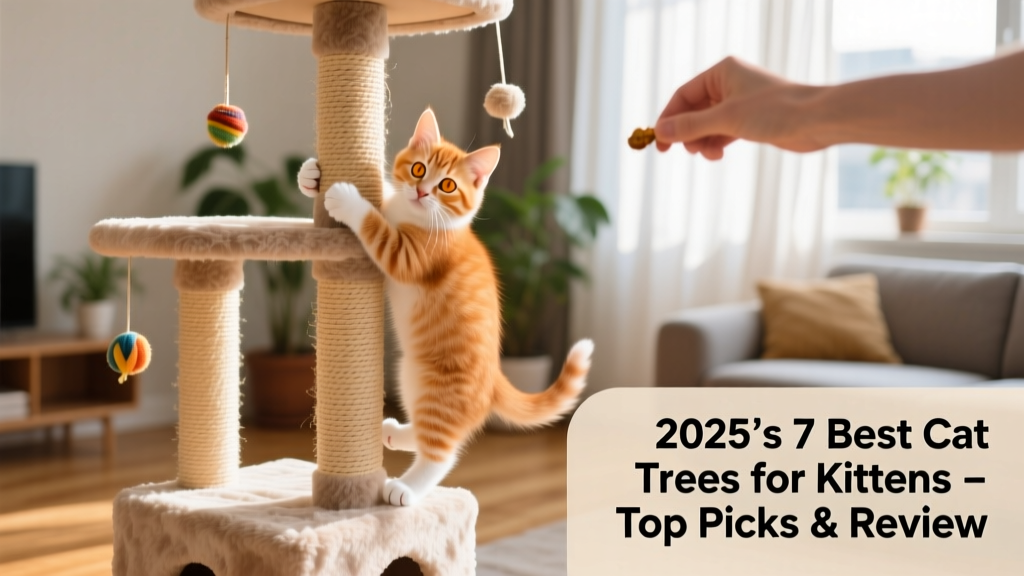 A playful kitten climbing a sturdy, multi-level cat tree with sisal-wrapped posts and soft perches